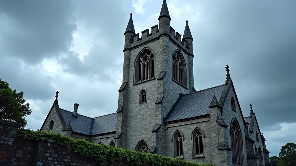 Ancient stone church tower with gothic arched windows and weathered medieval masonry against cloudy sky
